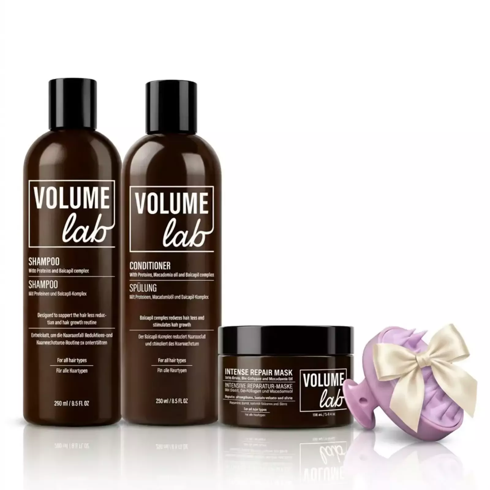 Volume Lab hela uppsättningen: Shampoo, Conditioner, Mask + GÅVA: Massageborste för hårbotten Volume Lab hela uppsättningen: Shampoo, Conditioner, Mask + GÅVA: Massageborste för hårbotten
